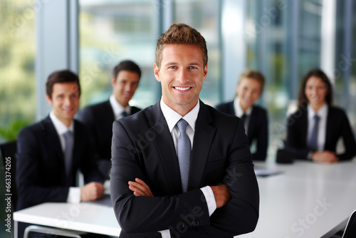 Successful business man sitting in a boardroom with his team