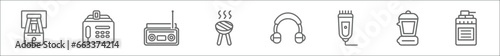 outline set of electronic devices line icons. linear vector icons such as heater, answering hine, boombox, grill, earphones, trimmer, pertor, stove