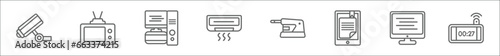 outline set of electronic devices line icons. linear vector icons such as video surveillance, television, desktop computer, air conditioner, electric pencil sharpener, , monitor, digital clock