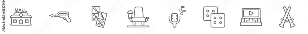 Obraz premium outline set of entertainment line icons. linear vector icons such as mall, water gun, board games, cinema seat, voice acting, dices, home theater, lightsaber