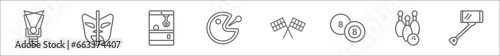 outline set of entertainment line icons. linear vector icons such as puppet show, masquerade, arcade game, , racing, eight ball, bowling, selfie stick