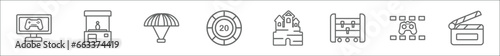 outline set of entertainment line icons. linear vector icons such as pc game, game hine, paraplane, token, , foosball, video console, clapboard