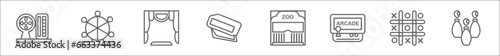 outline set of arcade line icons. linear vector icons such as lottery game, ferris wheel, curtain stage, virtual reality glasses, zoo, crystal, tic tac toe, bowling pins
