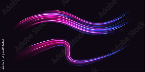 Illustration of light ray, stripe line with blue light, speed motion background. Neon color glowing lines background, high-speed light trails effect. 