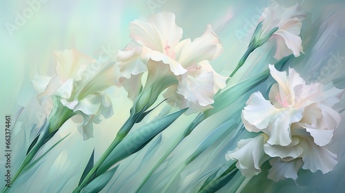  a painting of white flowers on a blue and green background.  generative ai
