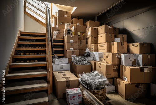 stack of cardboard boxes on and around the staircase