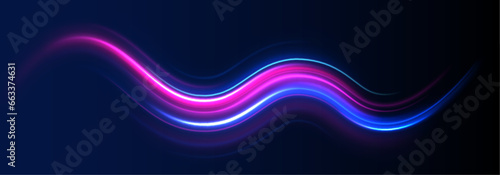 Neon stripes in the form of drill, turns and swirl. Illustration of high speed concept. Motion light effect for banners. The effect of speed on a blue background. 