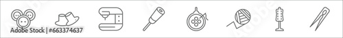 outline set of sew line icons. linear vector icons such as button, grommet, sewing hine, awl, needlepoint, crochet hook, dummy, thread nippers