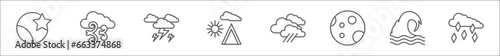 outline set of weather line icons. linear vector icons such as waning moon, wind, thunderbolt, indian summer, rainfall, new moon, tsunami, ice pellets