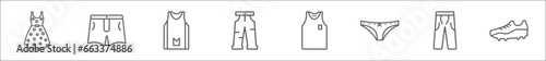 outline set of clothes line icons. linear vector icons such as vintage dress, boxers, tanktop, jeans, sleeveless shirt, panties, trouser, soccer shoe