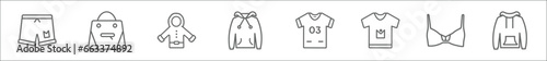 outline set of clothes line icons. linear vector icons such as shorts, hand bag, parka, hoodie, jersey, t shirt, bra, sweatshirt