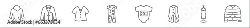 outline set of clothes line icons. linear vector icons such as windbreaker, tuxedo, kaftan, pyjamas, baby grow, trench coat, mannequin, puffer jacket