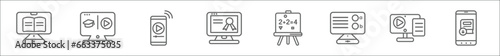 outline set of online learning line icons. linear vector icons such as digital book, online course, video player, qualification, board, online test, blended learning, ebook