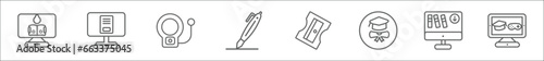 outline set of education line icons. linear vector icons such as studying, sheet, school bell, pen, sharpener, graduation, online library, game-based learning