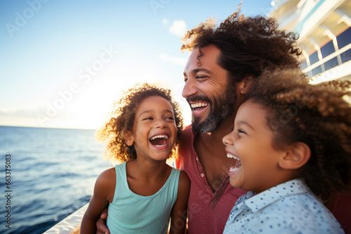 happy father and his two children on cruise photo