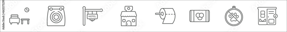 Fototapeta premium outline set of hotel line icons. linear vector icons such as lounge, take away, hotel, barbershop, toilet paper, eating utensils, no pets, checkroom