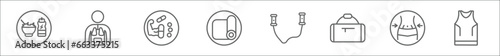 outline set of gymandfitness line icons. linear vector icons such as fitness food, anatomy, steroids, yoga mat, skipping rope, sport bag, waist, sleeveless
