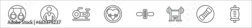 outline set of gymandfitness line icons. linear vector icons such as rings, trainer, stationary bike, gym, fitness wheel, bench press, strandpulling, stretching punching ball