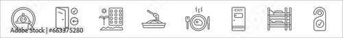 outline set of hotel line icons. linear vector icons such as 24 service, check in, beach hotel, spaghetti, steak, exit, bunk bed, door hanger