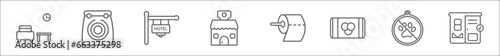outline set of hotel line icons. linear vector icons such as lounge, take away, hotel, barbershop, toilet paper, eating utensils, no pets, checkroom photo