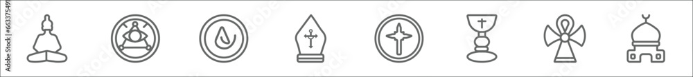 outline set of religion line icons. linear vector icons such as buddha, god, asceticism, pope, holy star, holy chalice, ankh, mosque - obrazy, fototapety, plakaty 
