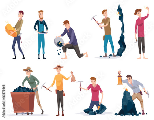 Golden miners set. Digger characters find minerals and gold working, digging exact. Gold mineral extraction. Vector illustrations in cartoon style