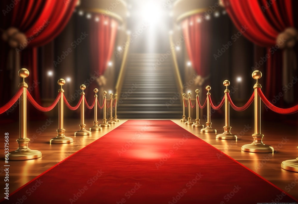 A luxurious red carpet was rolled out to the film premiere. a long red carpet between the rope barrier and the stairs under the bright light. A luxurious red carpet was rolled out to the film premiere. a long red carpet between the rope barrier and the stairs under the bright light.