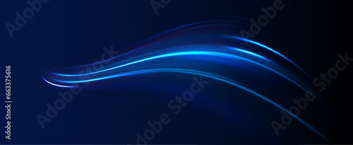 Blue neon glowing fire ring trail. Round wave line glitter bokeh with sparkling light. Vector blue light trail circle. Bokeh glitter round wave flying sparkling flares.	
