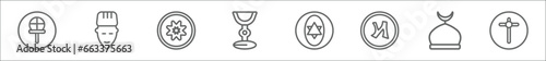 outline set of religion line icons. linear vector icons such as gticism, muslim, bahai, goblet, jewish, nihilism, abrahamic, cross