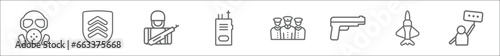 outline set of army line icons. linear vector icons such as gas mask, chevrons, soldiers and a weapon, two way radio, brigade, gun, jet, revolt