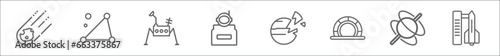 outline set of astronomy line icons. linear vector icons such as asteroid, triangulam australe, lander, astronaut ingravity, destroyed planet, stargate, quasar, liftoff