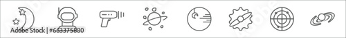 outline set of astronomy line icons. linear vector icons such as big moon, astranaut helmet, laser gun, space junk, death star, gamma ray, radar system, galaxy