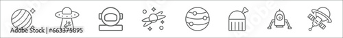 outline set of astronomy line icons. linear vector icons such as uranus with satellite, abduction, astronaut user, planets, jupiter with satellite, planetarium, space lander, aerospace