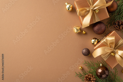 Welcome holiday spirit with touch of sophistication. Top view exquisite gifts with golden bows, balls, cones, white cedar on plush brown backdrop. Delightful space for holiday wishes or promo content © ActionGP