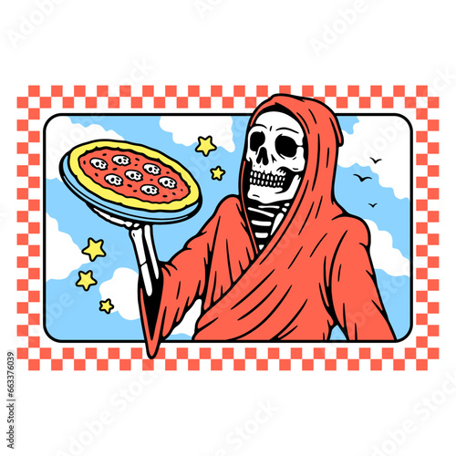 DEADLY DELICIOUS PIZZA GRIM REAPER COLOR WHITE BACKGROUND