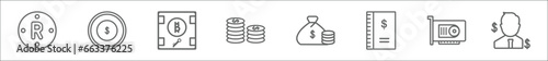 outline set of economyandfinance line icons. linear vector icons such as rupee, dollar, proof of stake, funds, as, ledger, vga card, investor