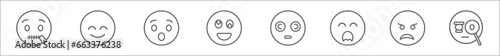 outline set of emoji line icons. linear vector icons such as -mouth emoji, calm emoji, hushed weird hypnotized yawning angry suspicious
