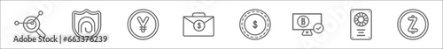 outline set of cryptocurrency line icons. linear vector icons such as market trends, , yen, money bag, casino chips, bitcoin accepted, video card,