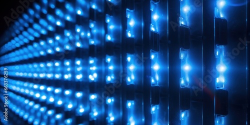 Close-up of lights on a blue LED wall, background