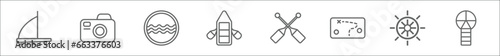 outline set of nautical line icons. linear vector icons such as iceboat, water resist camera, ocean waves, raft, oars, treasure map, rudder, port and starboard