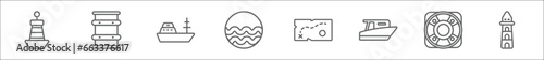 outline set of nautical line icons. linear vector icons such as buoy  big barrel  frigate  sea  nautical map  speed boat  lifesaver  lighthouse