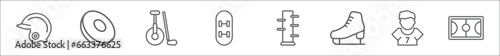 outline set of sport line icons. linear vector icons such as helmet, discus throw, unicycling hockey, diving sport, kung fu, figure skating, football player, soccer field
