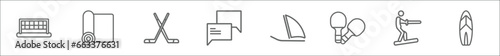 outline set of sport line icons. linear vector icons such as tennis court, yoga, ice hockey, commentator, sailboat sport, table tennis, wakeboarding, surf