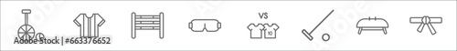 outline set of sport line icons. linear vector icons such as unicycling handball, football jersey, equestrianism, sport goggles, match, horseball, gymnastics, karate