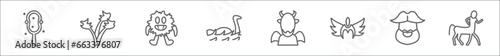 outline set of fairy tale line icons. linear vector icons such as enchanted mirror, hydra, monster, loch ness monster, devil, valkyrie, pirate, centaur