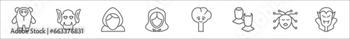 outline set of fairy tale line icons. linear vector icons such as yeti, troll, fairy godmother, little red riding hood, talking tree, antagonist, female medusa, dracula