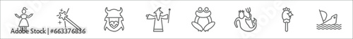 outline set of fairy tale line icons. linear vector icons such as damsel, magic wand, viking, wizard, toad, merman, magic mirror, shipwreck