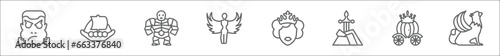 outline set of fairy tale line icons. linear vector icons such as frankenstein, viking ship, , harpy, queen, excalibur, cinderella carriage, griffin