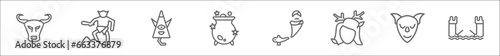 outline set of fairy tale line icons. linear vector icons such as minotaur, giant, karakasakozou, cauldron, genie, madre monte, goblin, drawbridge photo