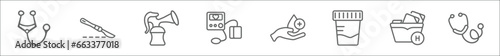 outline set of health and medical line icons. linear vector icons such as phonendoscope, scalpel, breast pump, sphygmomanometer, blood donation, urine, medical file, stethoscope